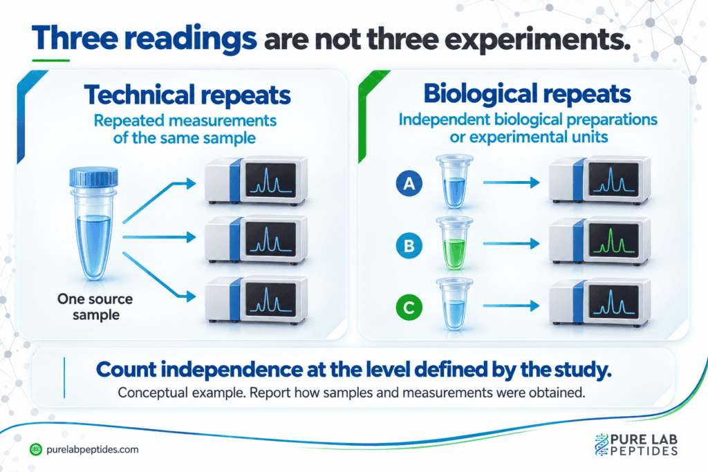 Three readings of one preparation contrasted with readings from three independently prepared samples.